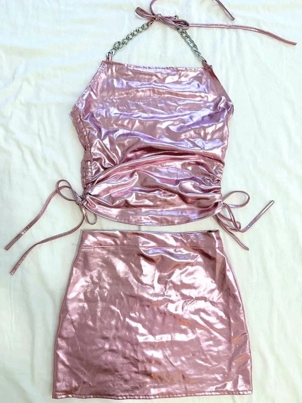 Pink Metallic Halter Top and Mini Skirt 2 Piece Set